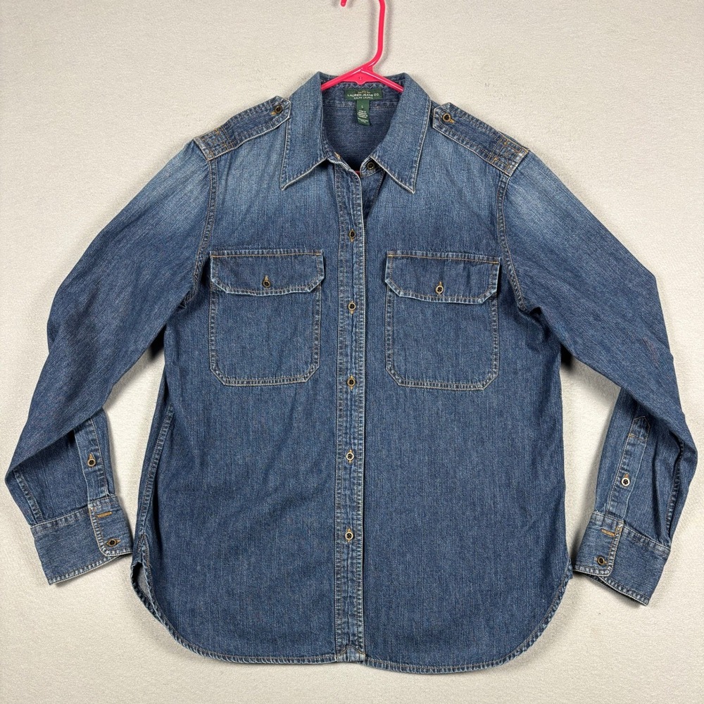 Lauren Ralph Lauren Denim Utility Button Up Shirt Cotton Size L Blue Wash